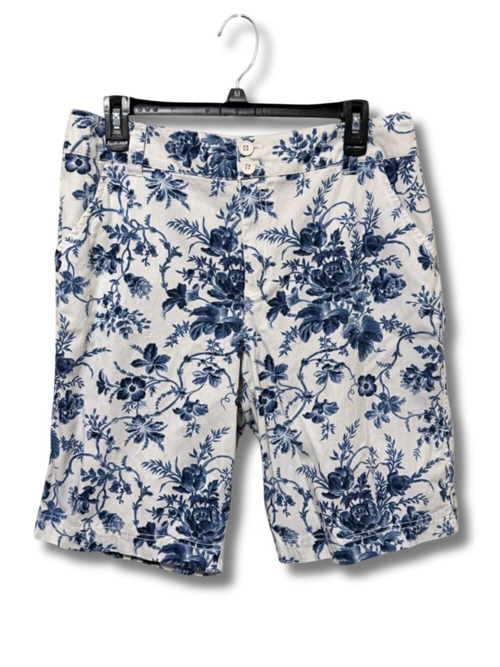 Toile Print Bermuda Shorts Womens Size 10 Blue White Cotton Coastal Casual
